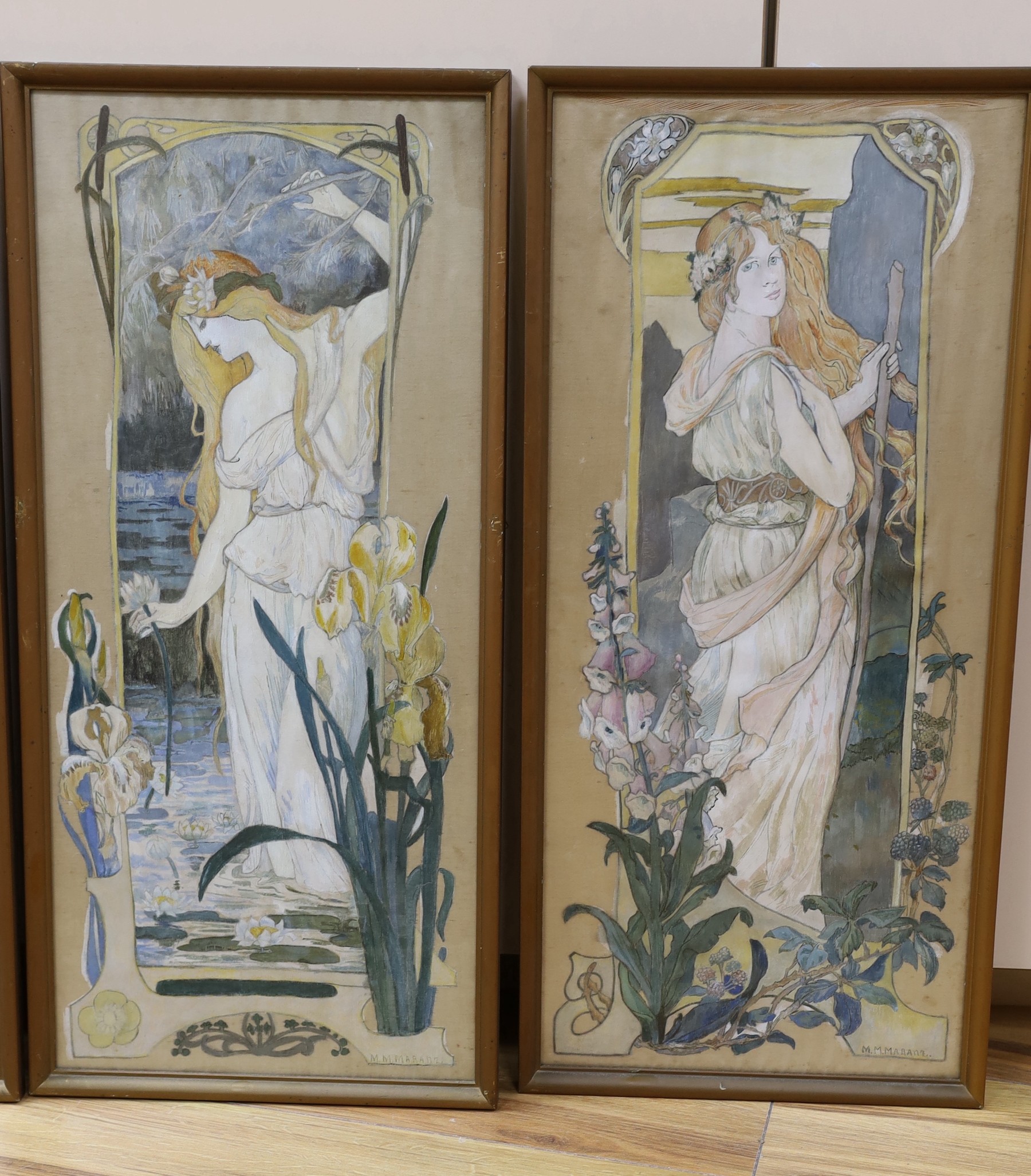M.M. Maranz, set of four painted silk panels, Classical beauties and flowers, signed, 59 x 26cm